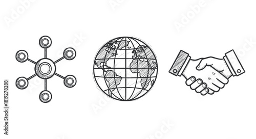 Sketch style global network and partnership concept icons