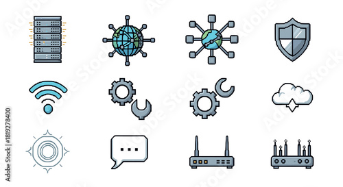 Pixel art tech icons: network, security, tools, and connectivity symbols