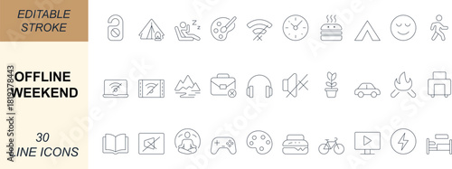 Offline Weekend vector icon set with minimal line designs of travel, camping, relax, nature, hobbies, and leisure activities. Perfect for apps, web, lifestyle, and UI projects. Editable stroke.

