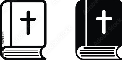 Black and white icons of a bible with a cross christianity