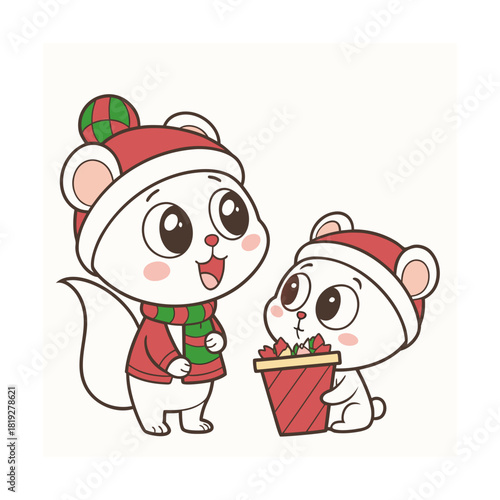 Cute christmas animals sharing a gift with festive cheer silhouette