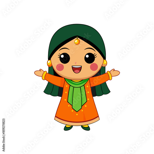 Cute cartoon girl wearing traditional indian attire with open arms silhouette