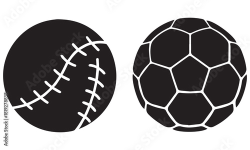 Sports Ball Icons – Black and White Baseball, Soccer, and Basketball Silhouette Set