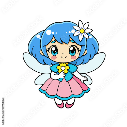 Cute blue haired fairy with flower and wings silhouette