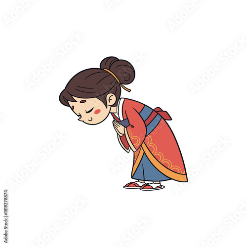 Cute cartoon girl in traditional japanese kimono bowing respectfully silhouette