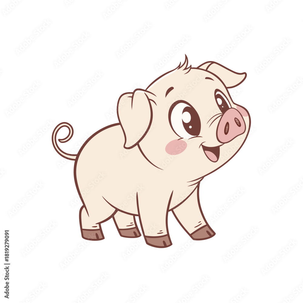 Fototapeta premium Adorable cartoon piglet with big eyes and curly tail silhouette