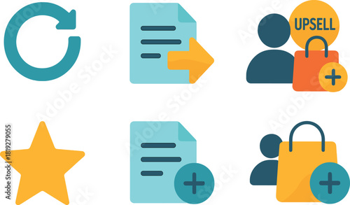 Glowing business icons highlighting upsell and update concepts