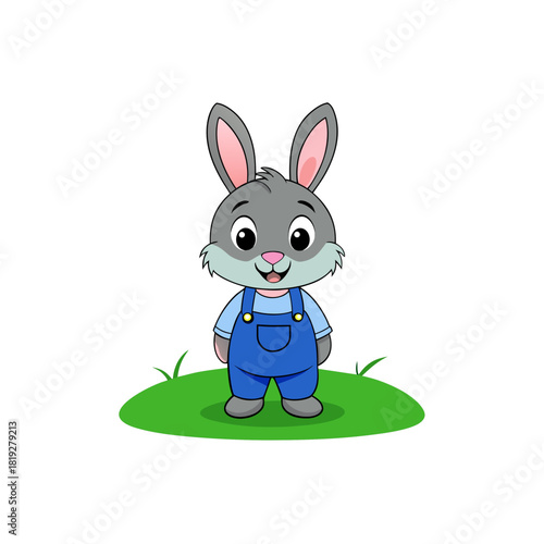 Cute cartoon bunny rabbit wearing blue overalls standing on grass silhouette