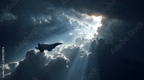 Fighter Jet Soaring Through Dramatic Clouds with Sun Rays Breaking Through.