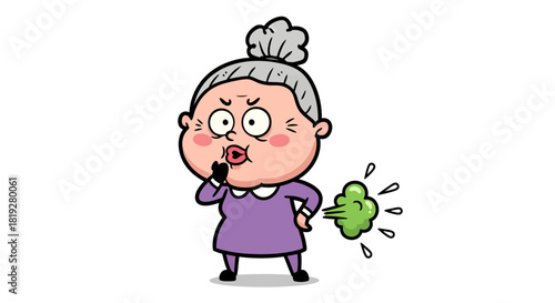 Cartoon grandma caught in an embarrassing flatulence mishap with comedic expression