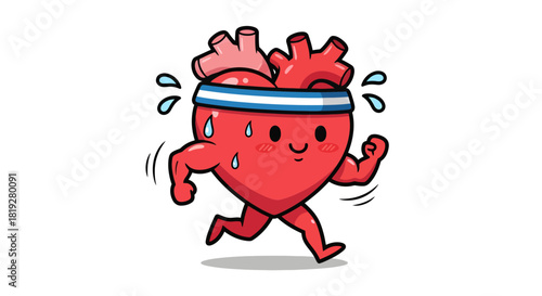 Cartoon heart exercising by running vigorously to promote cardiovascular health and fitness