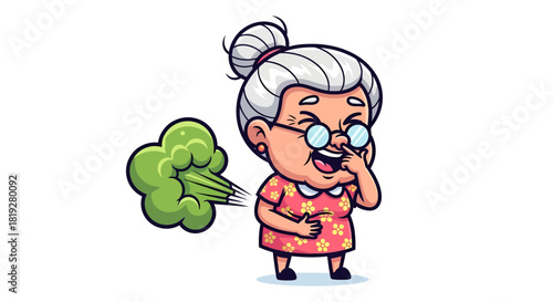Cartoon grandma pinching her nose as a green cloud of odor emanates from behind her