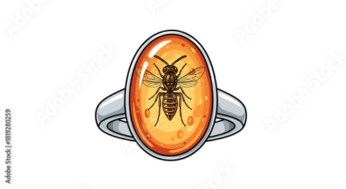 Cartoon illustration of a wasp encased in amber held by a silver ring setting and detailed