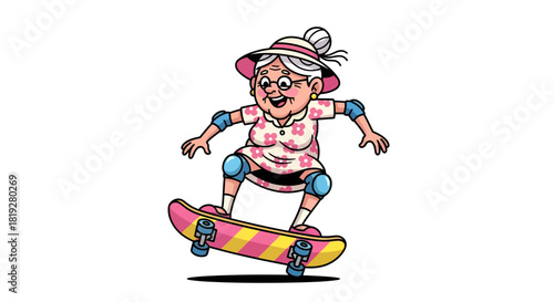 Cartoon illustration of a vibrant elderly woman skateboarding with a delightful expression