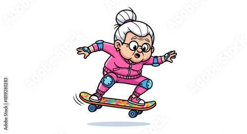 Cartoon illustration of adventurous grandmother skateboarding with safety gear on white background