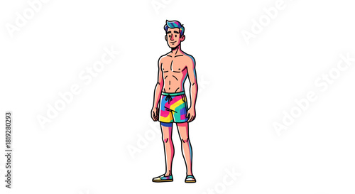 Cartoon man in vibrant rainbow shorts expressing individuality and pride in a contemporary style