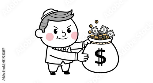 Cartoon man embracing a bag of money displaying wealth accumulation and financial success