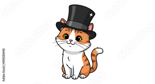 Cartoon tabby cat with orange stripes wearing a black top hat with star