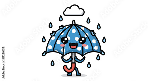 Cartoon umbrella character shielding itself from a gentle rain shower under cloud