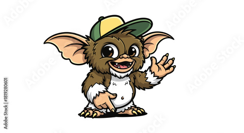 Cartoonish fuzzy creature with large ears and a cheerful expression donning a stylish cap