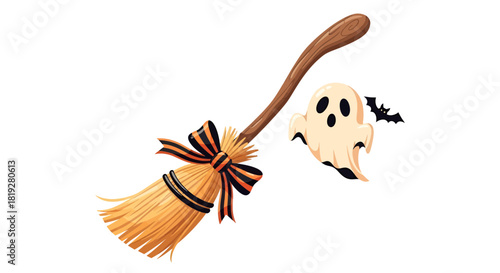 Cartoonish halloween illustration with a witch broom and a cute ghost on white