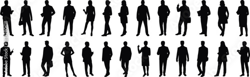Collection of 24 businessperson silhouettes in professional poses, standing, gesturing, mobile use, corporate attire, workplace illustration