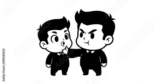 Cartoonish showdown: An authoritative figure silences an inquisitive character vector art