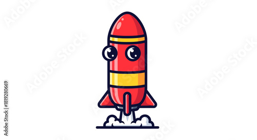 Cartoonish whimsical rocket character with big eyes taking off from a launchpad