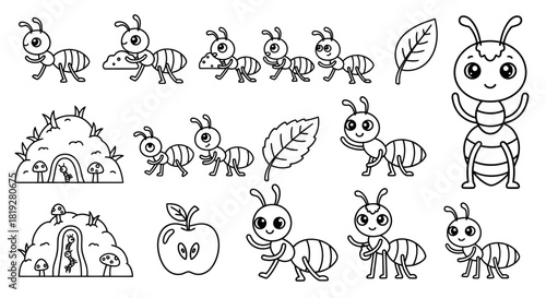 Charming ant colony illustrations for children's educational coloring and storybooks
