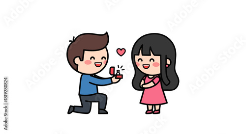 Charming cartoon couple celebrating engagement with a heart, embodying affection and love moment