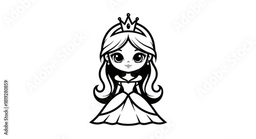 Charming cartoon princess illustration with crown, gown, and big eyes vector design