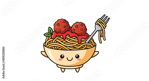 Charming cartoon spaghetti bowl with meatballs and sweet smile for kids menu design