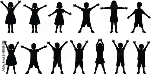 Children silhouettes, raised arms, joyful pose, black figures, group gesture, playful motion, youth energy, standing posture, minimal art, active kids