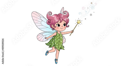 Charming illustration of a whimsical little fairy with a star wand sprinkling magic dust gently