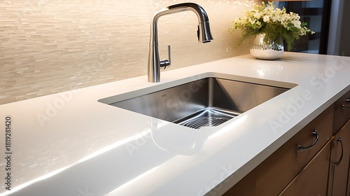 Sleek kitchen design featuring stainless steel sink and faucet with bright countertop, ideal for modern home interiors and renovation projects