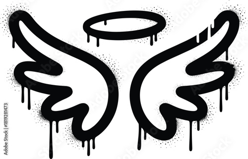 Black graffiti angel wings and halo with dripping paint