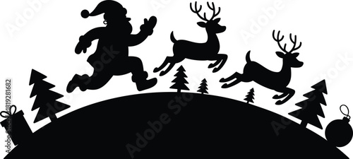 Black silhouette of Santa Claus and reindeer running across a snowy hill