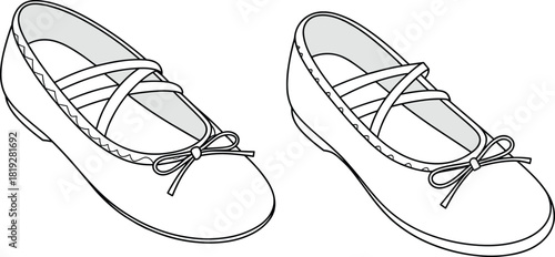 PrintCute girls ballet flats illustration, simple line art shoes design, adorable bow and strap details, children footwear graphic for fashion concepts