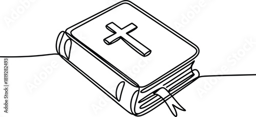 Single line drawing of a closed book with a cross religion