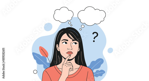 Illustration of a woman with a thoughtful expression, pondering with thought bubbles above her head.