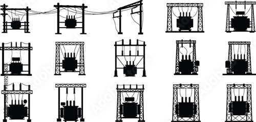 Silhouette vector illustration of electrical transformers and support structures—technical infrastructure layout for engineering, planning, indoor and outdoor power distribution systems
