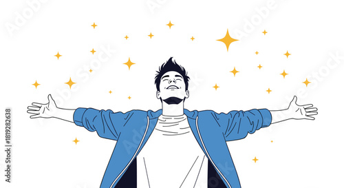 Joyful young man with arms outstretched among sparkling stars, celebrating success or freedom.