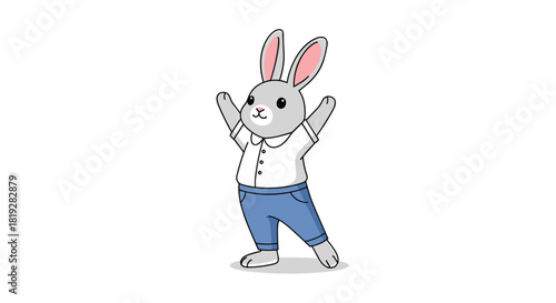 Cute cartoon gray rabbit wearing a white collared shirt and blue pants, with arms raised in excitement.