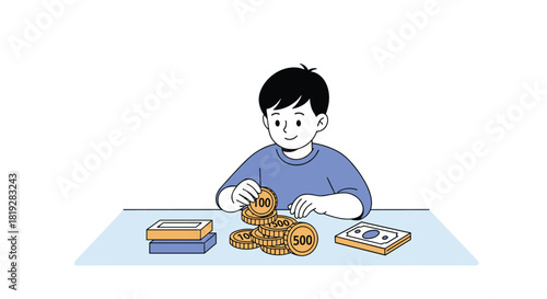 A young boy counting a pile of coins and bills at a desk.