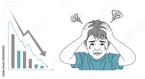 Young boy crying with hands on head near a descending graph showing financial loss.