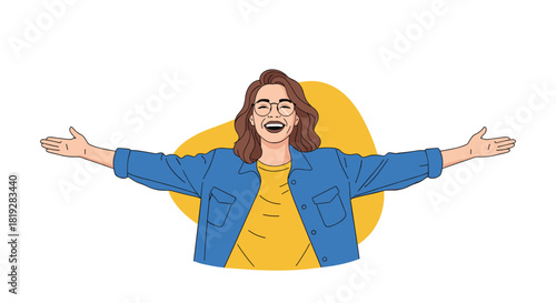 Joyful young woman with arms outstretched and a big smile wears glasses and a blue denim jacket.