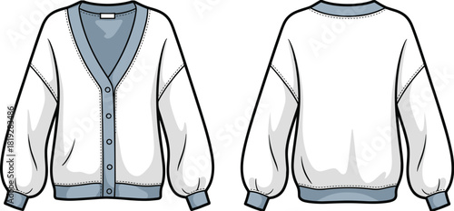 PrintMinimalist white cardigan and sweatshirt front and back fashion flat sketch, casual apparel design template, long sleeve garment illustration, vector style