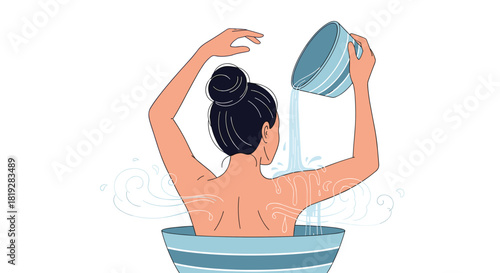 Woman pouring water from a bowl over her back while sitting in a basin, concept of bathing.