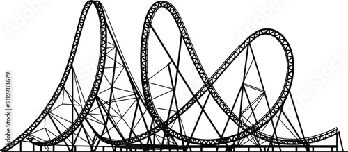 Black vector illustration of a massive, thrilling steel roller coaster with multiple loops, drops, and support structure design on white background