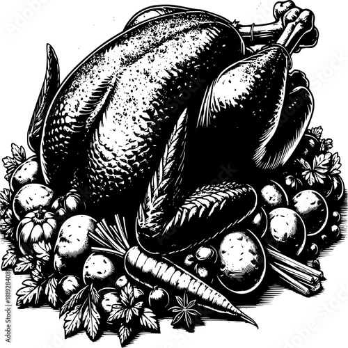 Hand drawn vintage sketch of fresh rosted turky on a plate illustration vector design